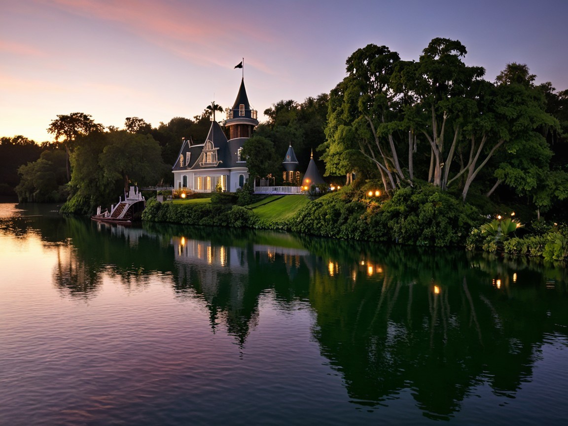 Lakeside Mansion with Turret at Twilight Scene