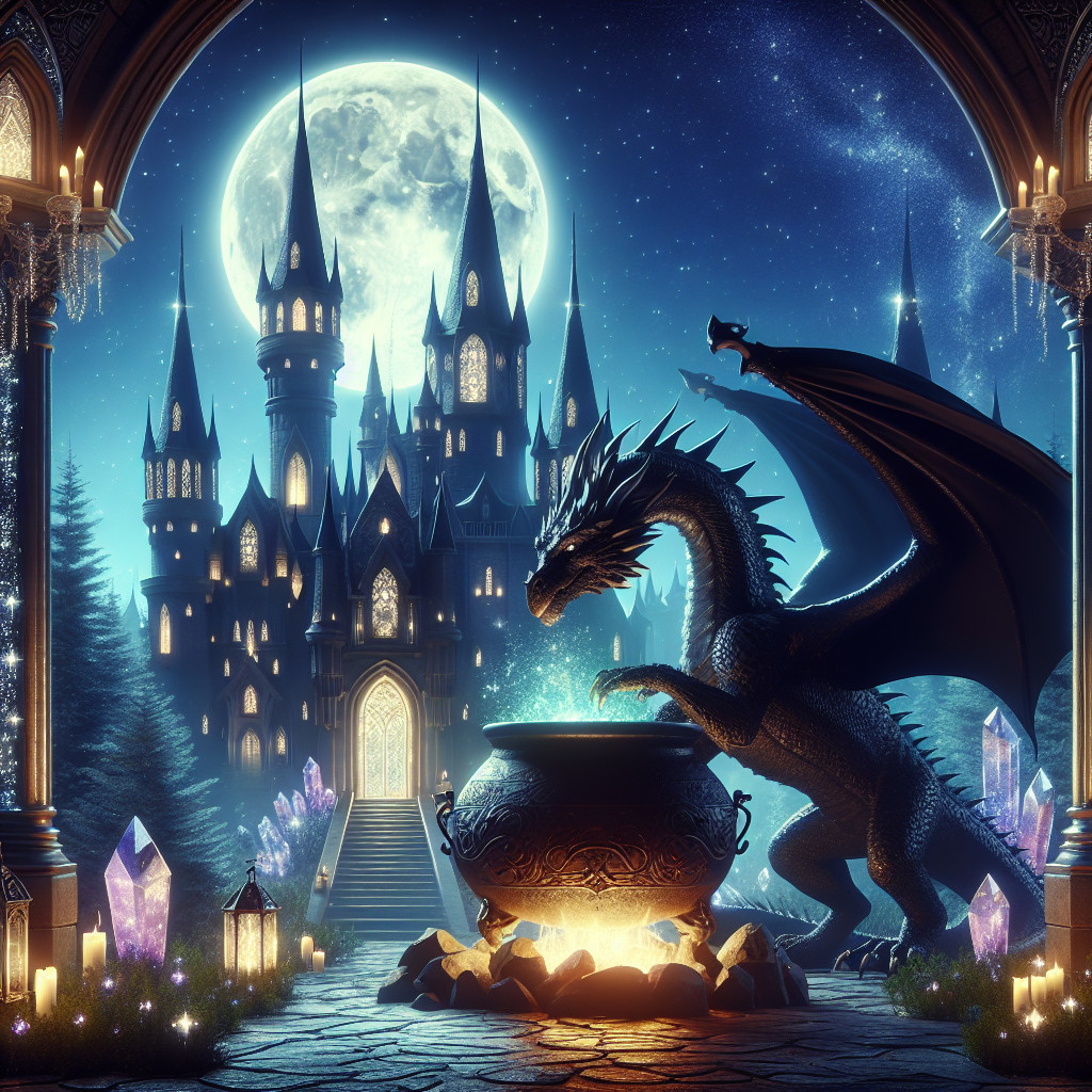 Dragon by Cauldron in Mystical Fantasy Landscape