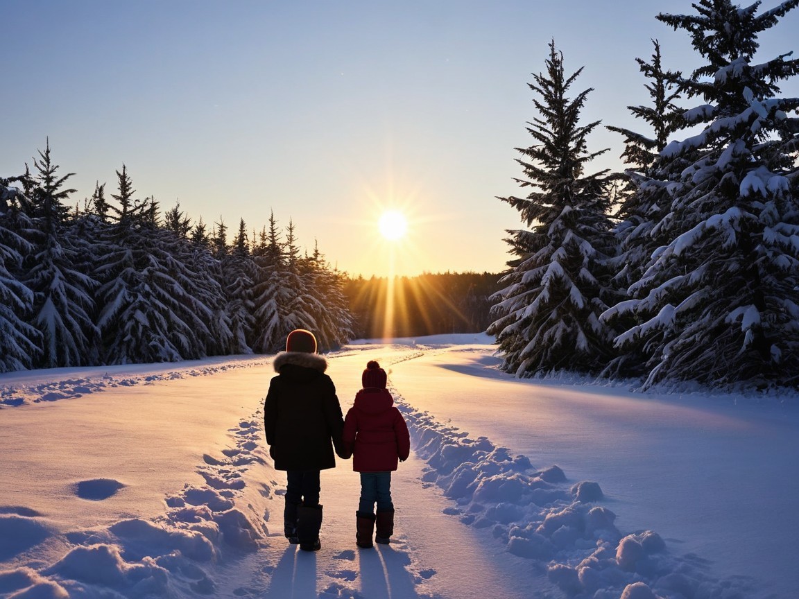 Children Walking on a Snowy Path at Sunset