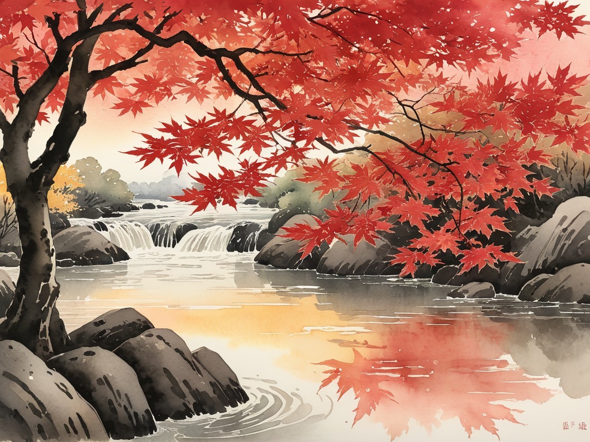Tranquil River Landscape with Autumn Maple Leaves