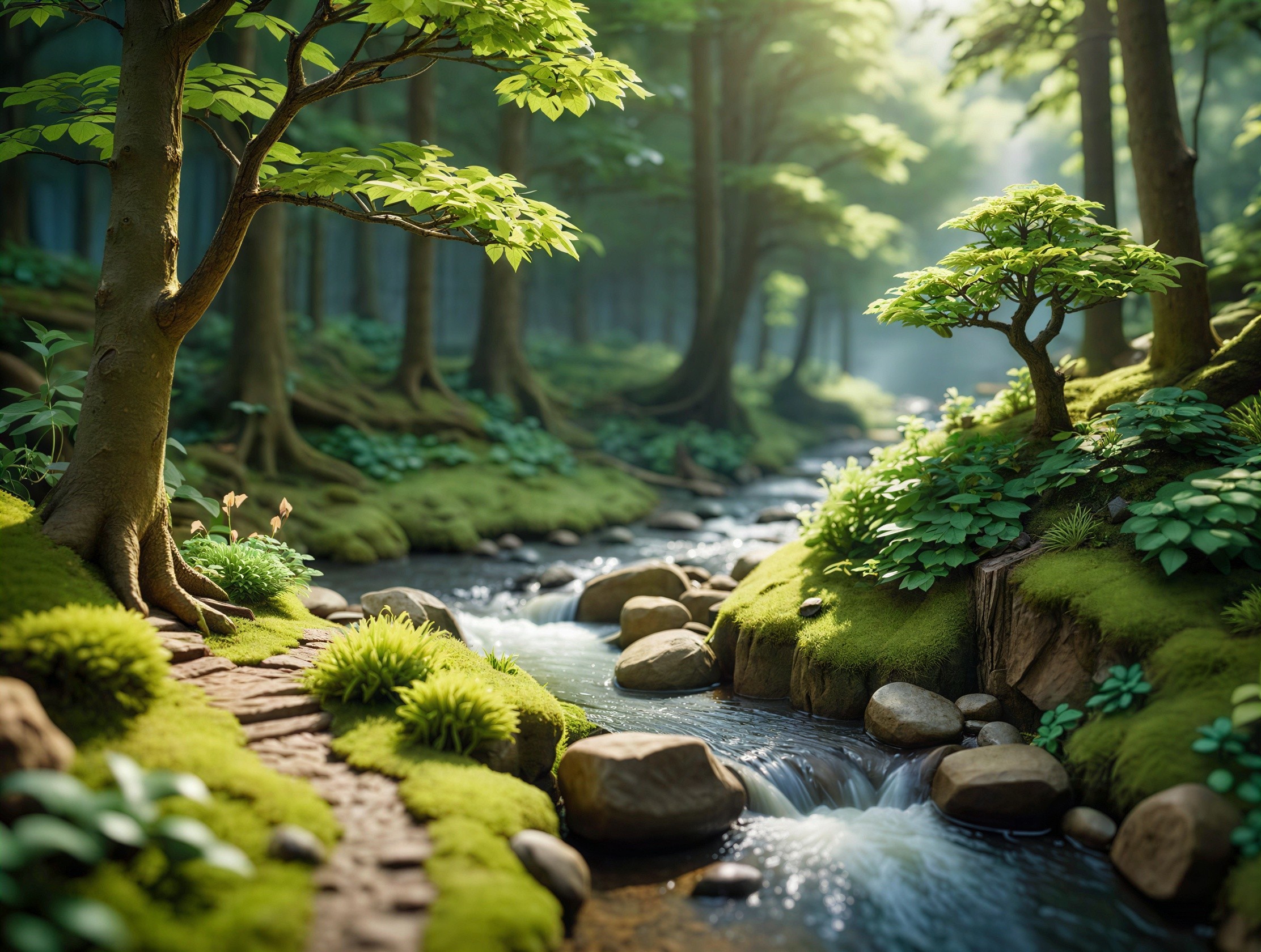 Lush Forest Landscape with Winding Stream and Moss