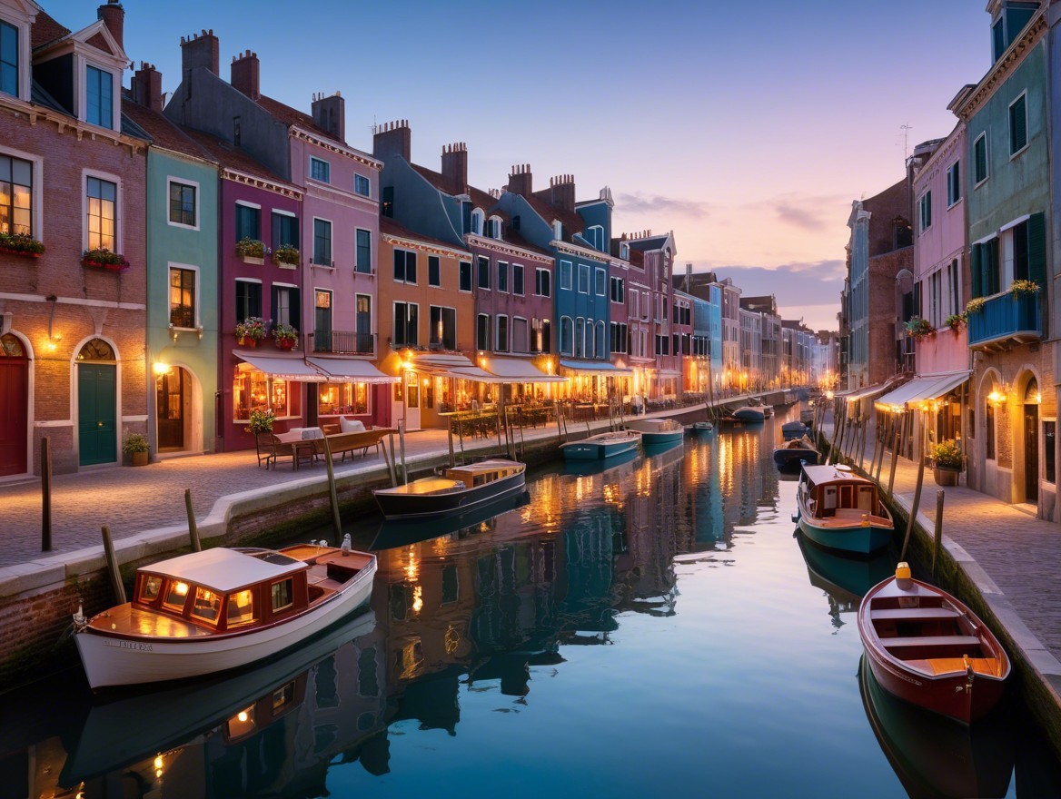 Pastel Canal with Charming Buildings and Boats at Dusk