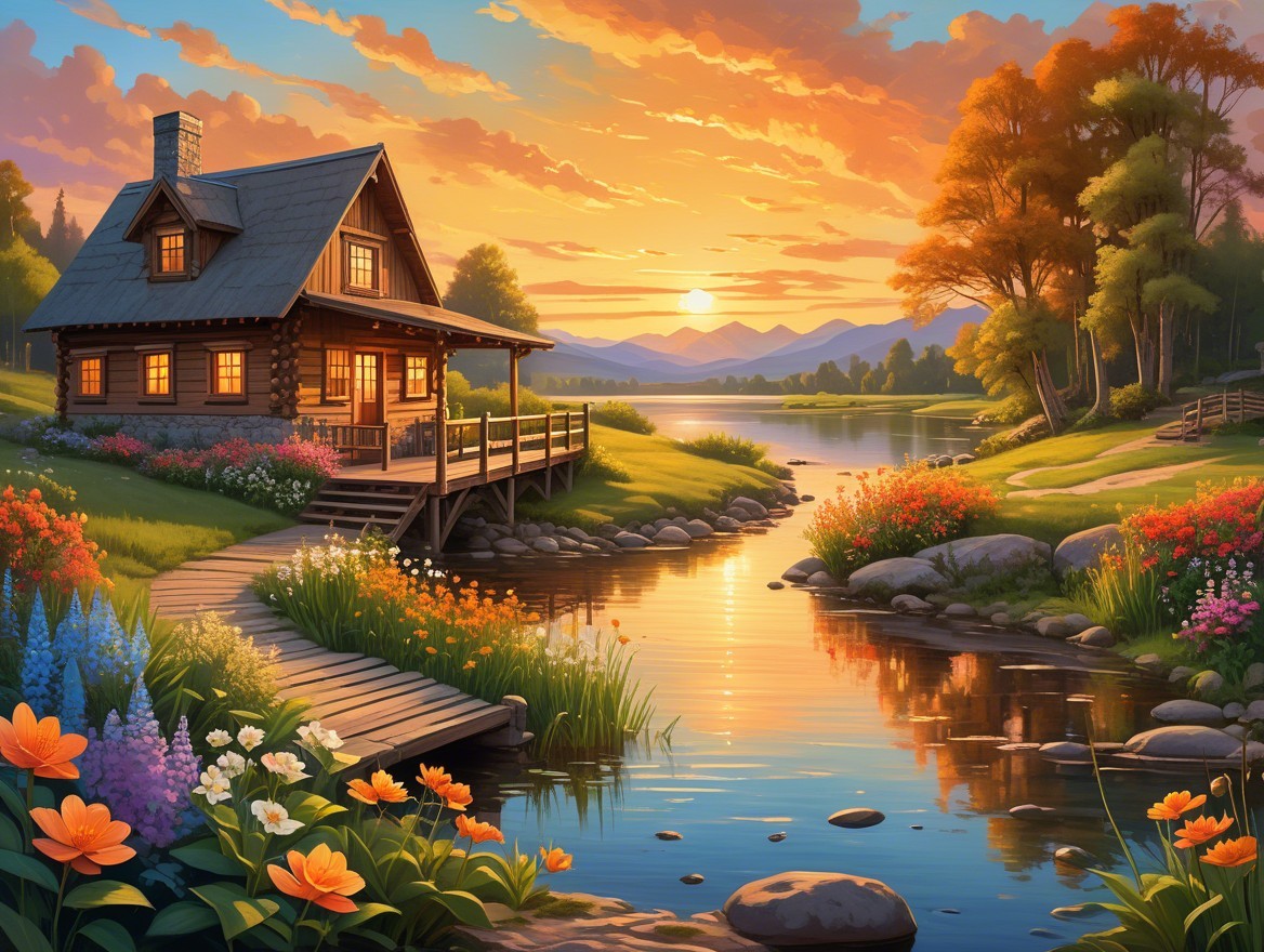 Cozy Log Cabin by Tranquil River at Sunset