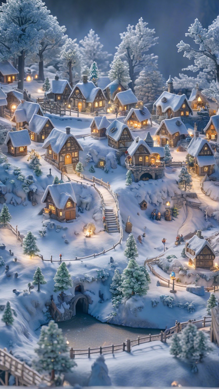 Whimsical Snowy Village with Wooden Houses and Lights