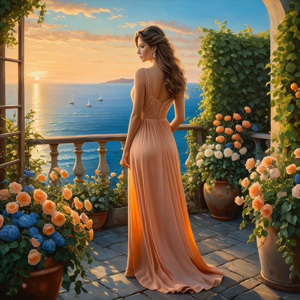 Woman in flowing gown on terrace at sunset by ocean