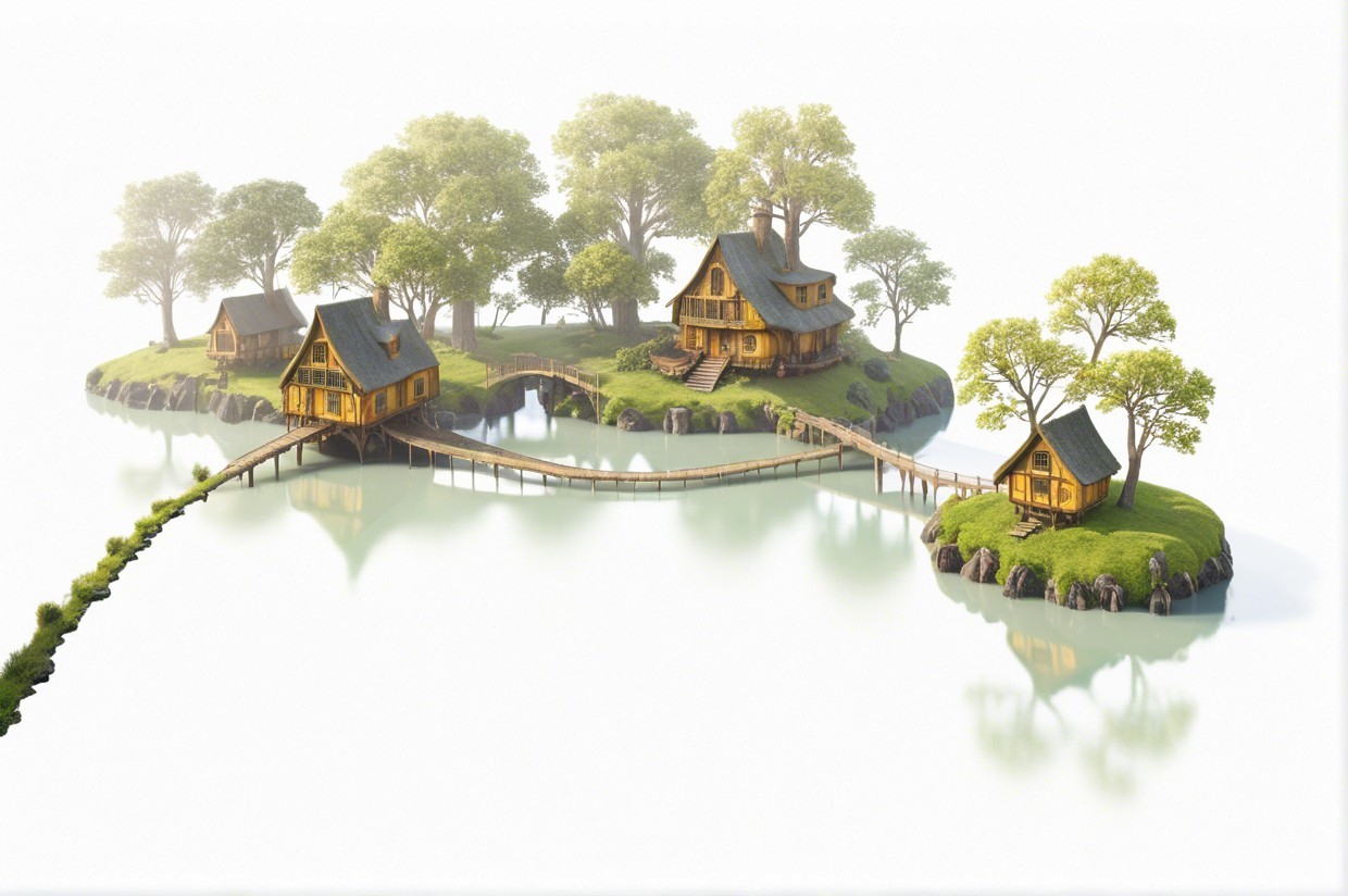 Serene Island Landscape with Wooden Houses and Bridges