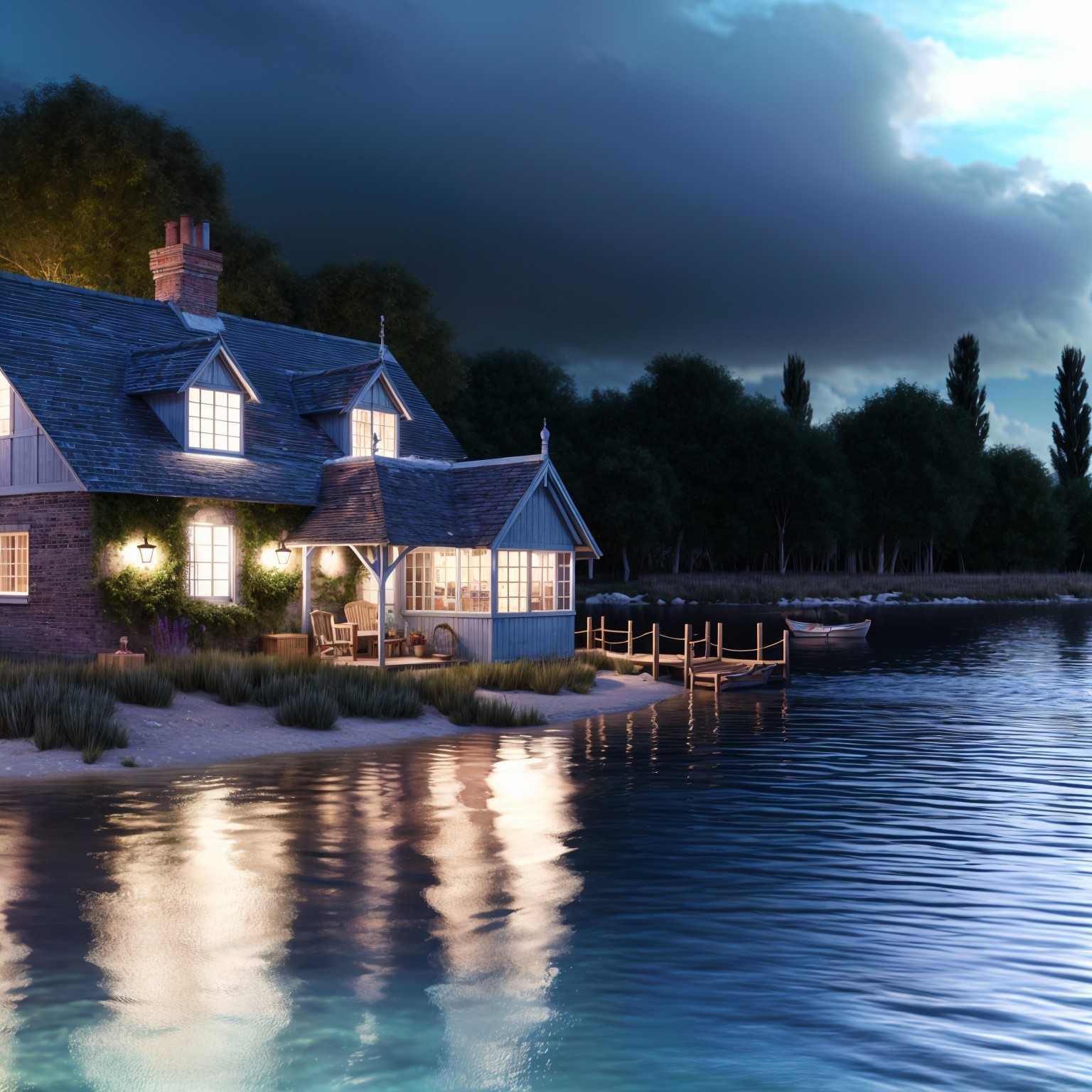 Charming Cottage by Tranquil Lake with Lantern Light