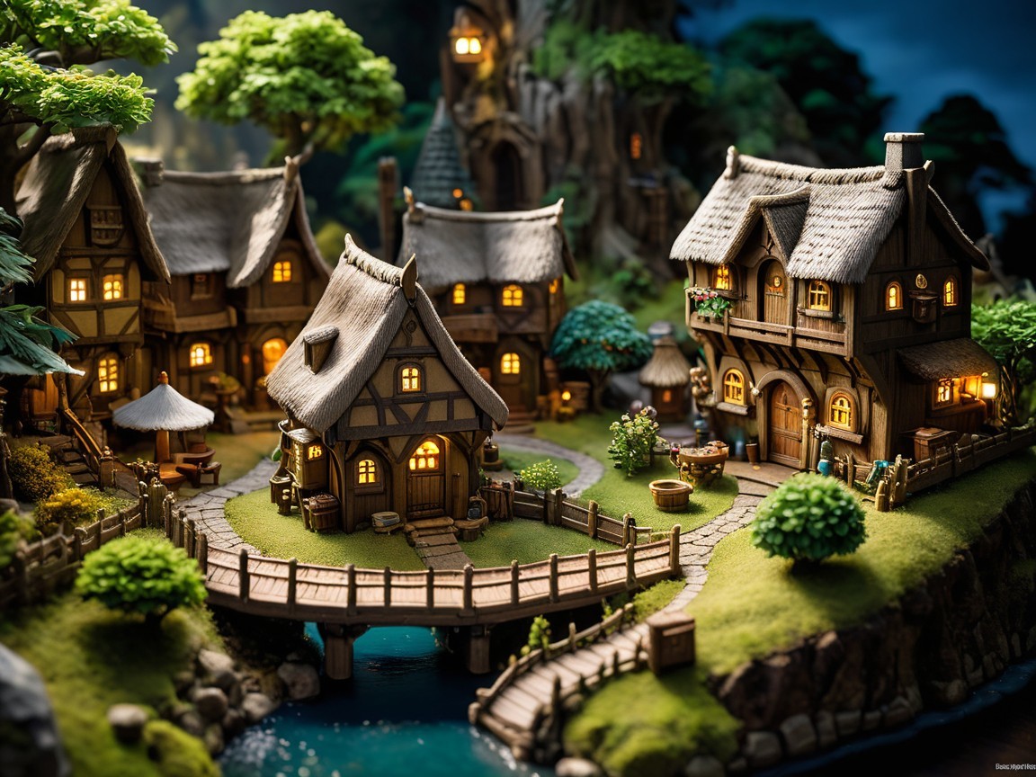 Miniature village by a serene river with cottages