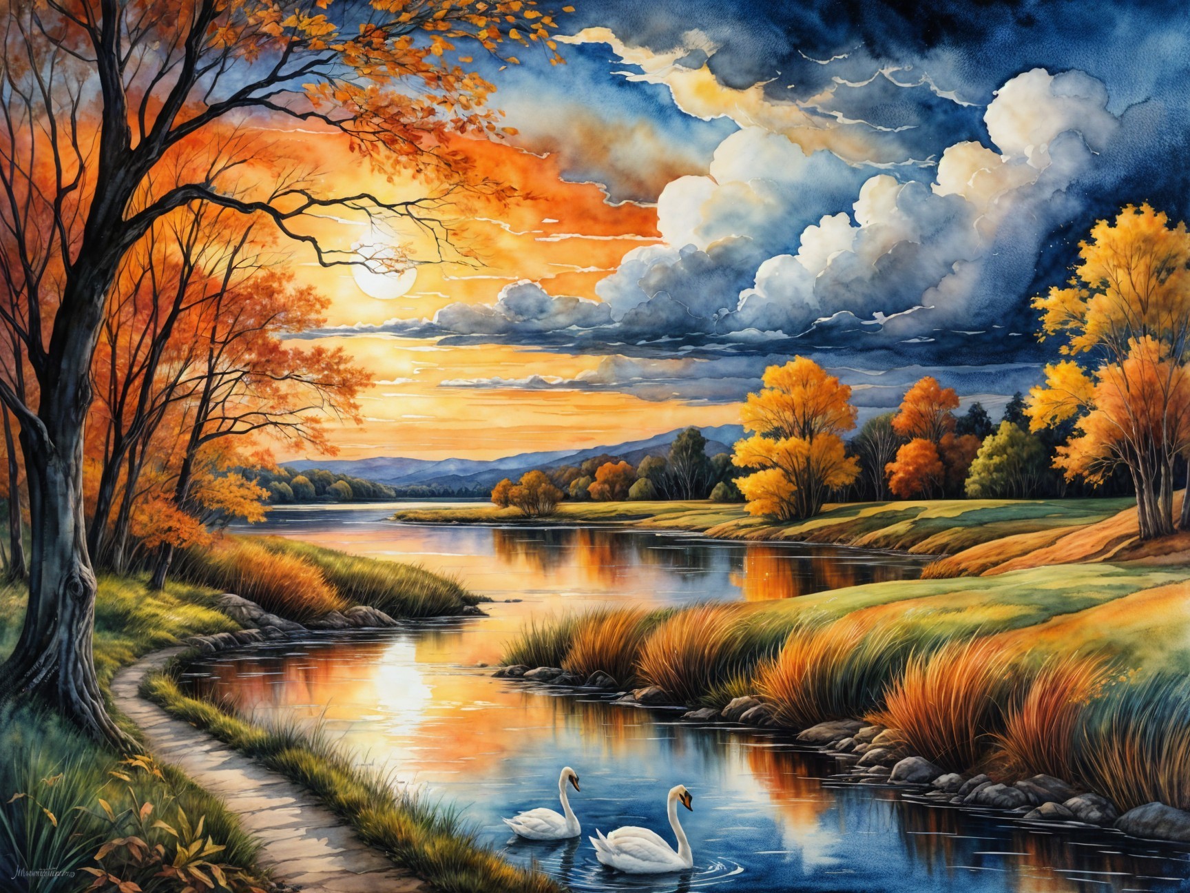 Tranquil Landscape with Sunset and Serene River
