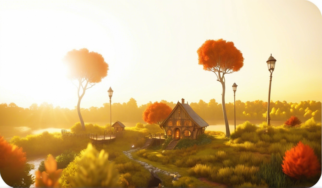 Cottage Surrounded by Autumn Trees at Sunset