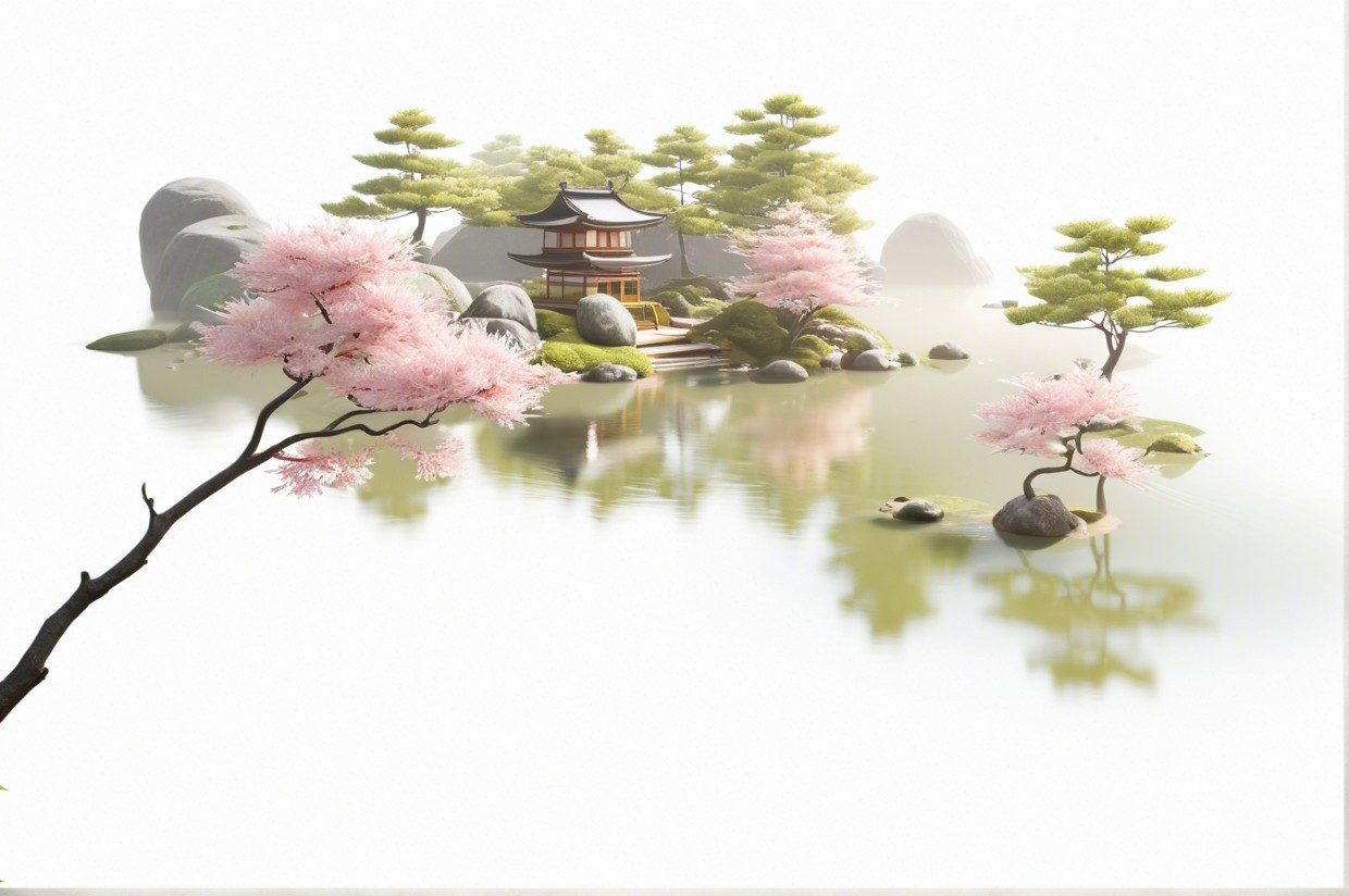 Serene Landscape with Asian Pavilion and Cherry Blossoms
