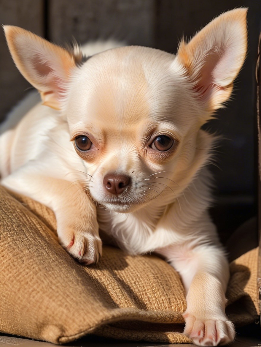 Cream-colored Chihuahua resting on a beige pillow