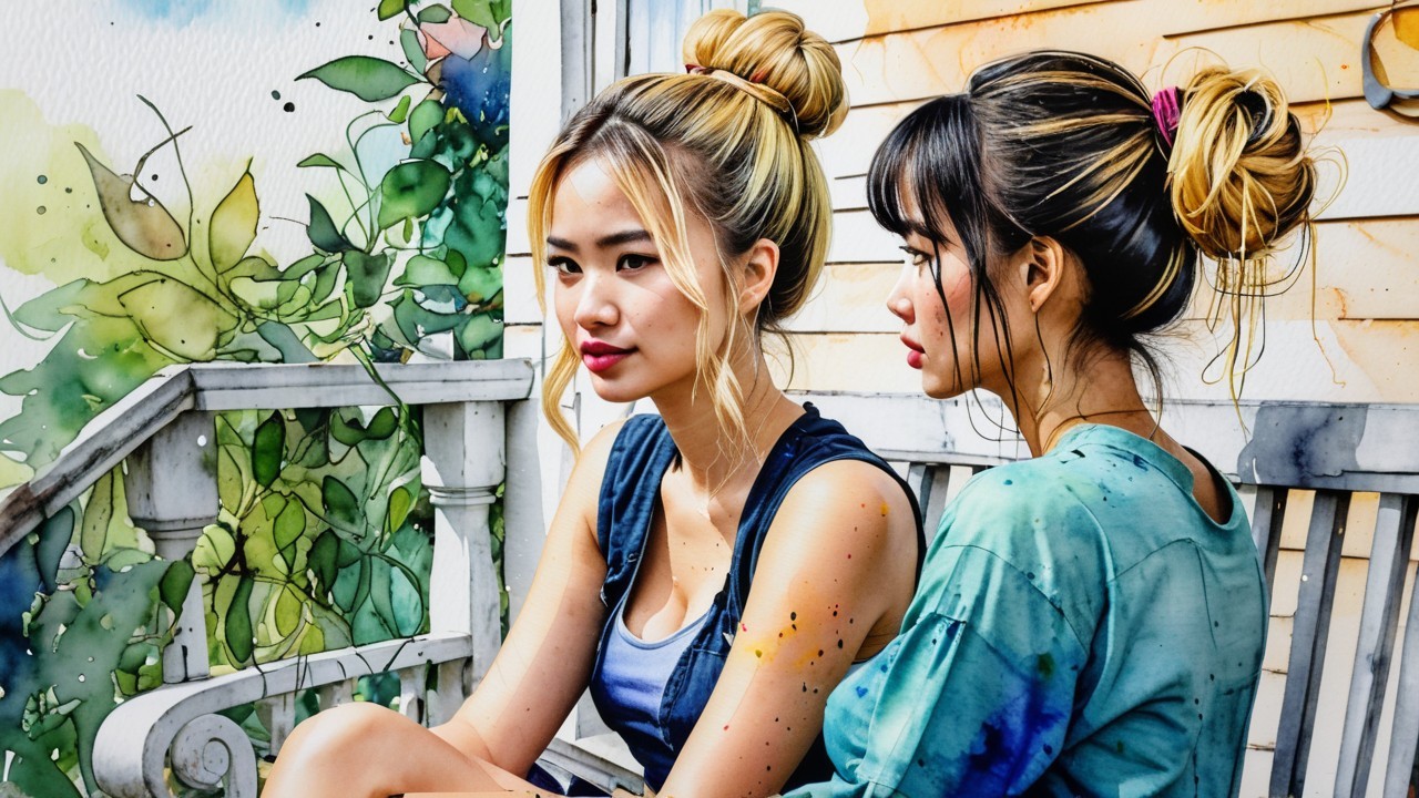 Young women in stylish outfits with artistic backdrop