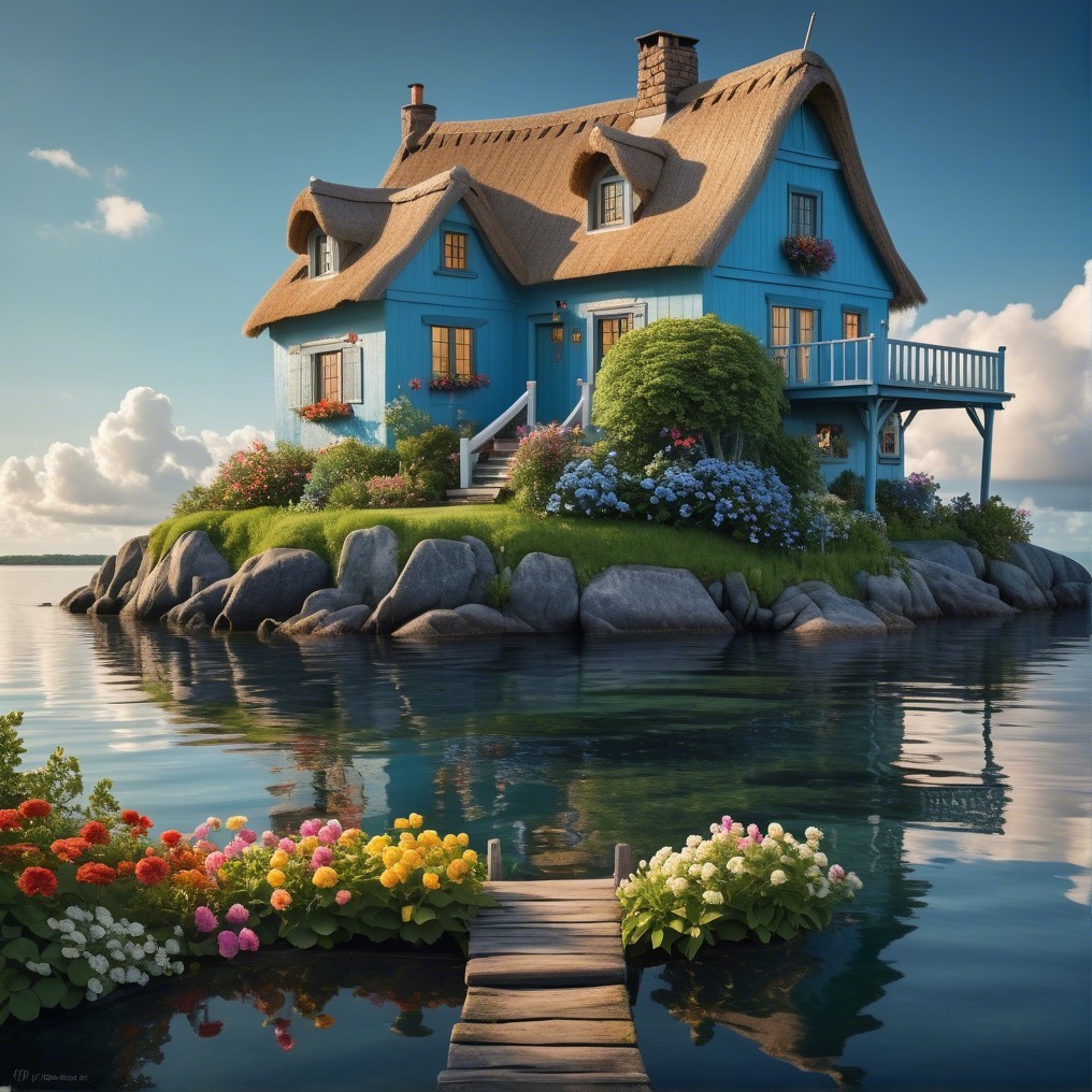 Blue Cottage on Rocky Island Surrounded by Water