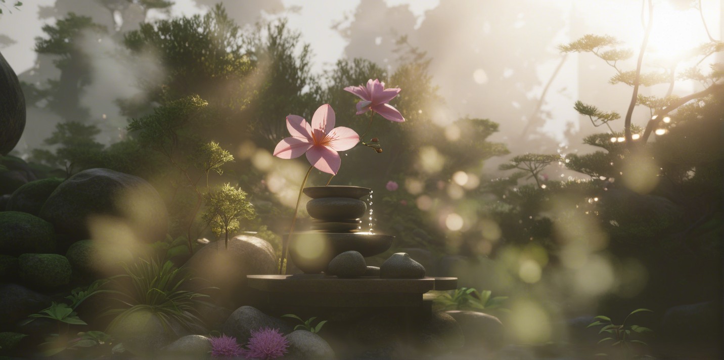 Serene garden scene with tea set and lotus flowers