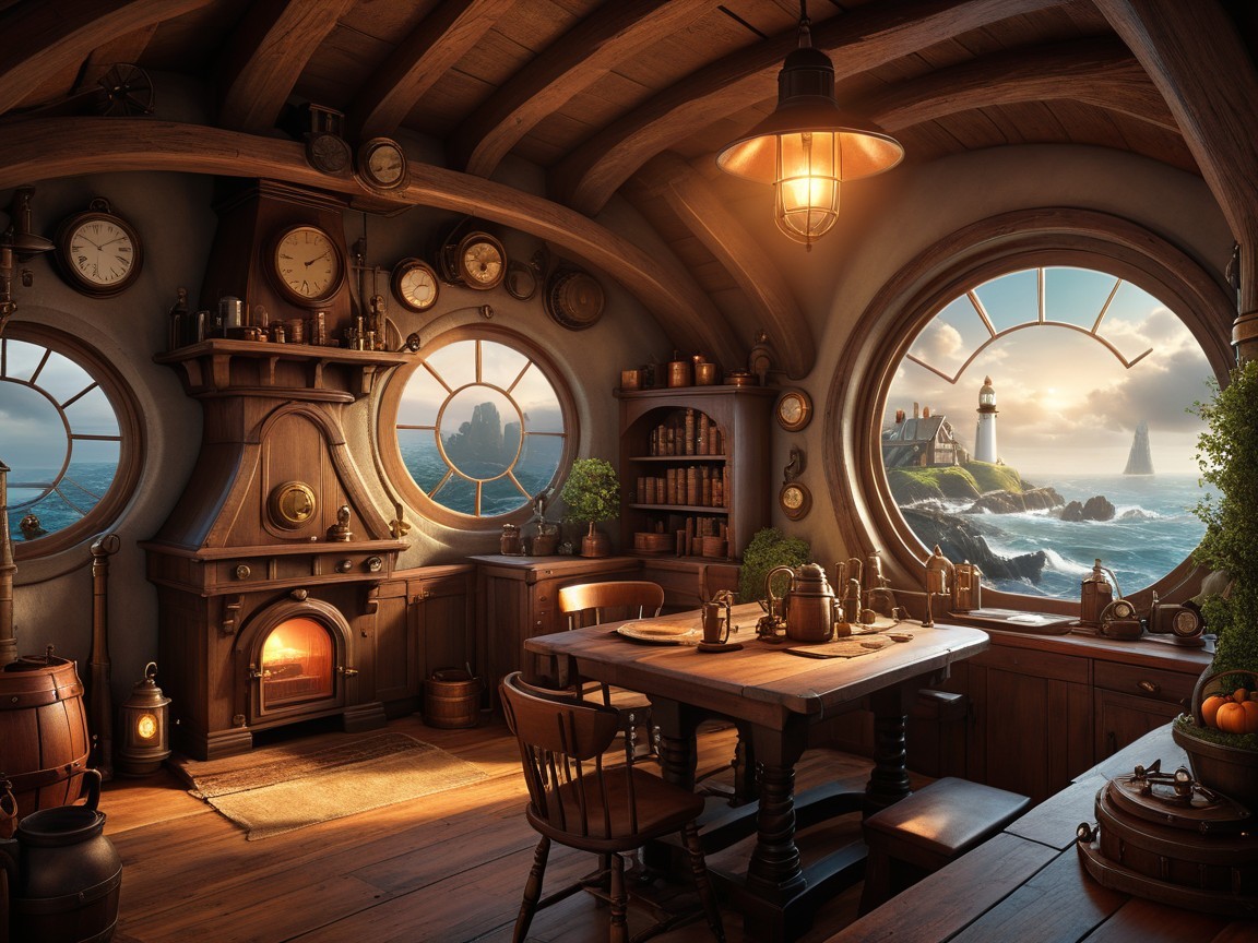 Cozy Rustic Kitchen with Seaside View and Fireplace