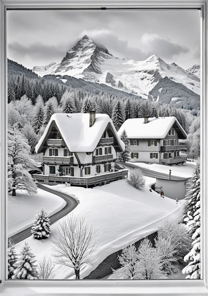 Winter Landscape with Snowy Alpine Houses and Mountains