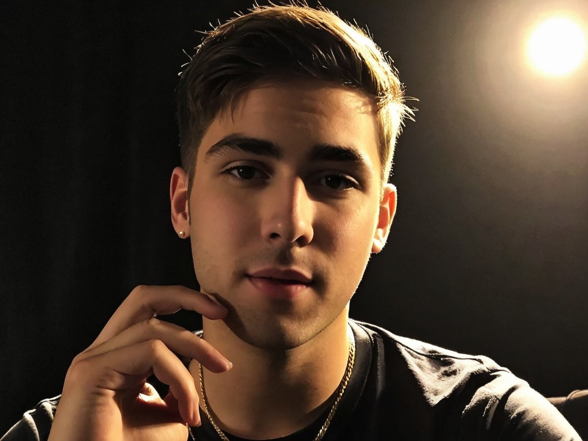Young man in warm lighting with thoughtful expression