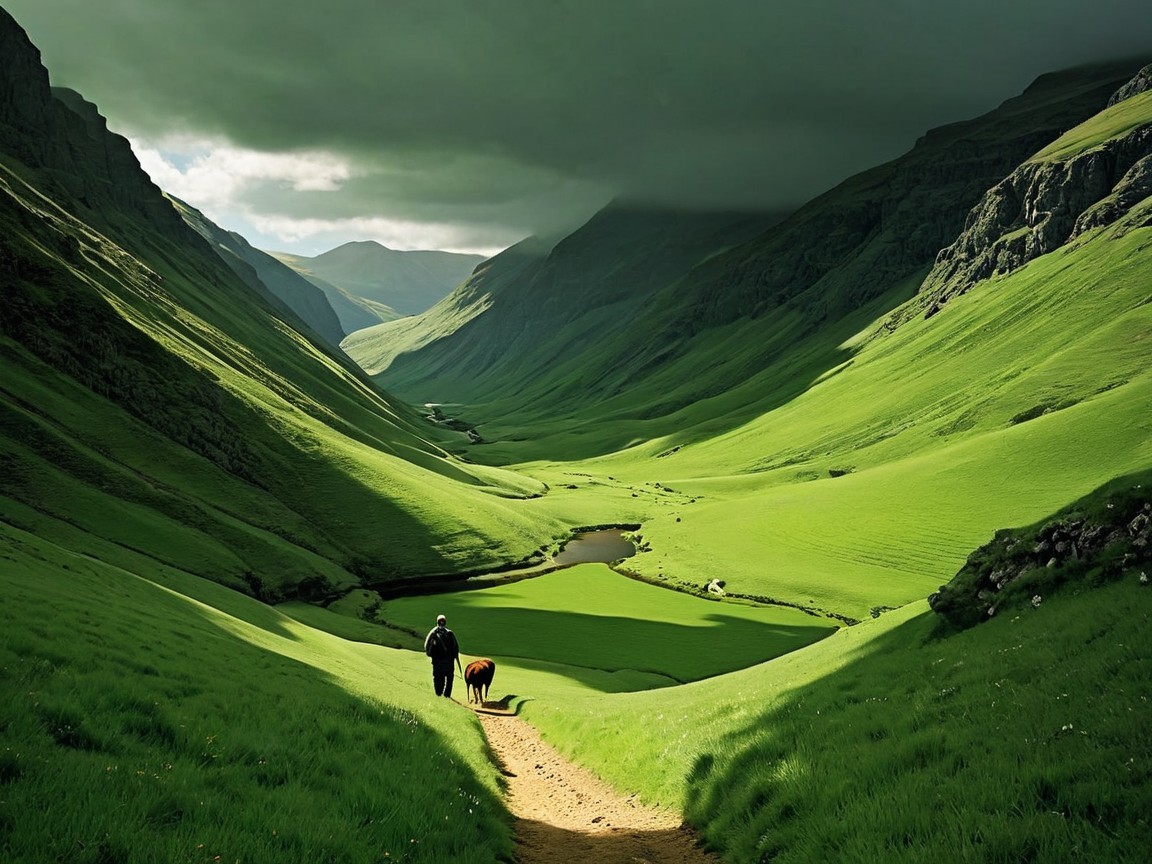 Serene Landscape with Path, Meadows, and Mountains