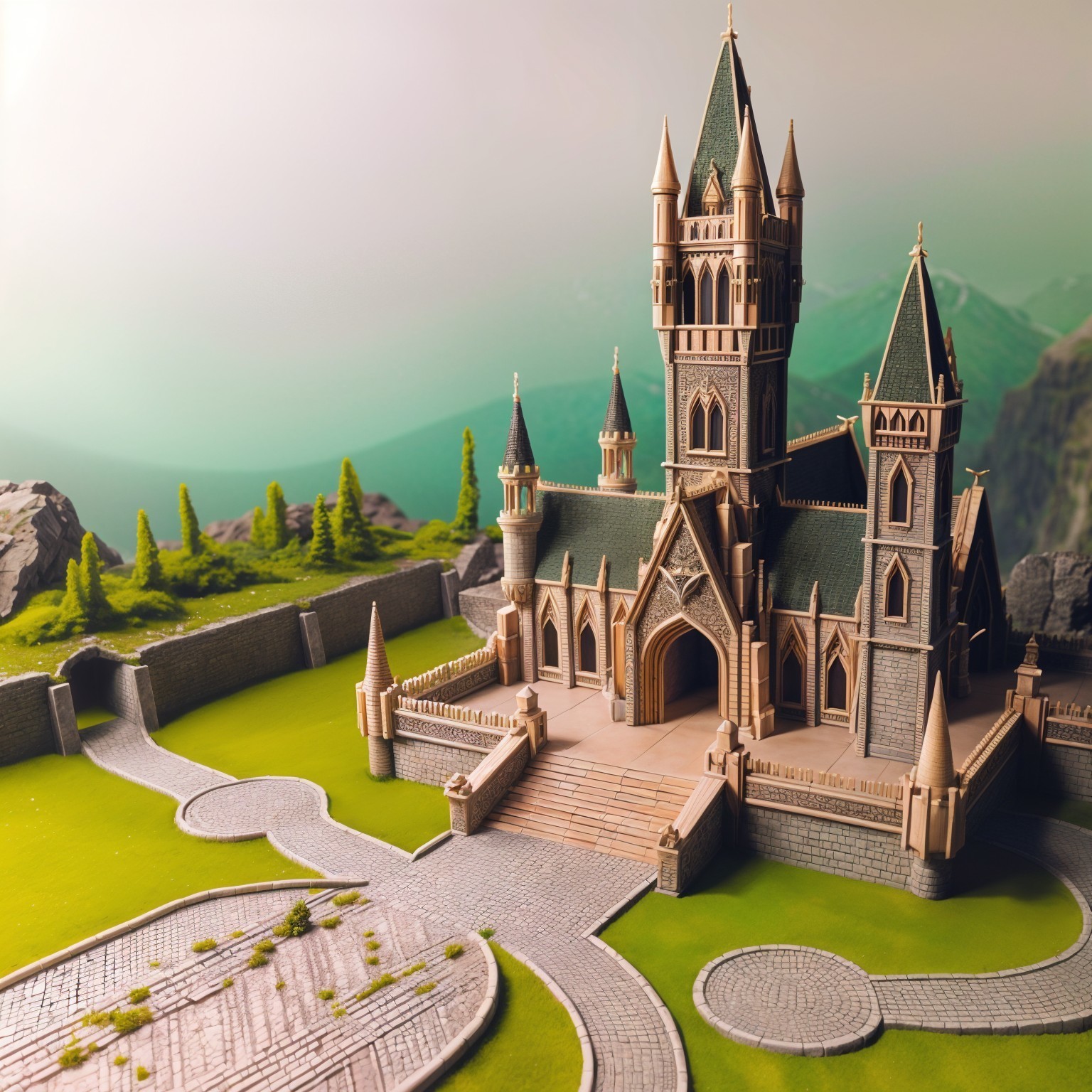 Detailed Castle Model with Spires and Green Hills