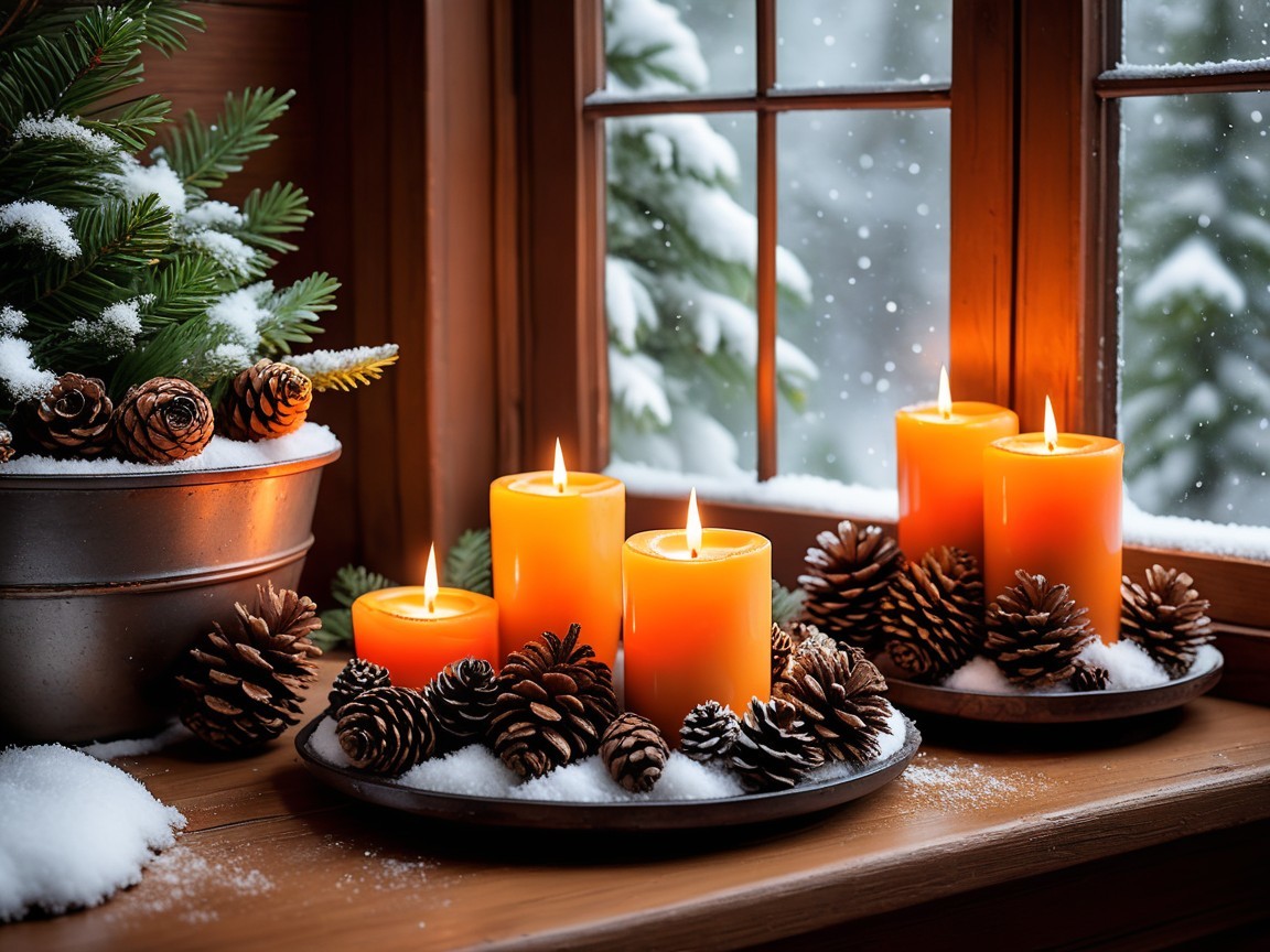 Cozy Winter Scene with Candles and Snowy Landscape