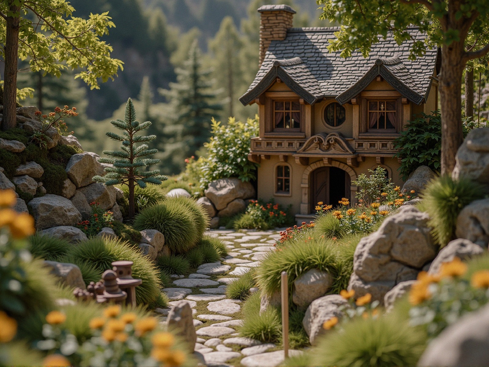 Fairy-Tale Cottage Surrounded by Lush Garden and Sunlight