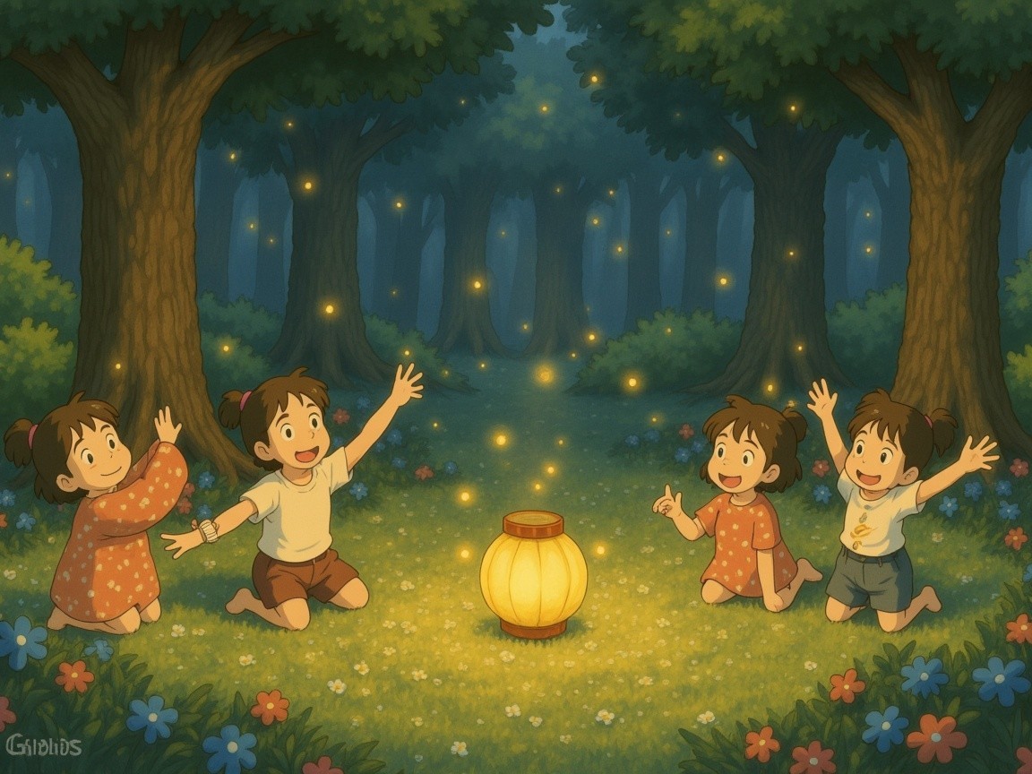 Children in a moonlit forest with fireflies and lantern