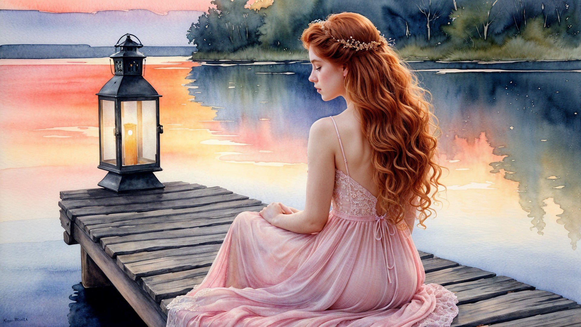 Young Woman in Pink Dress by Tranquil Lake at Sunset