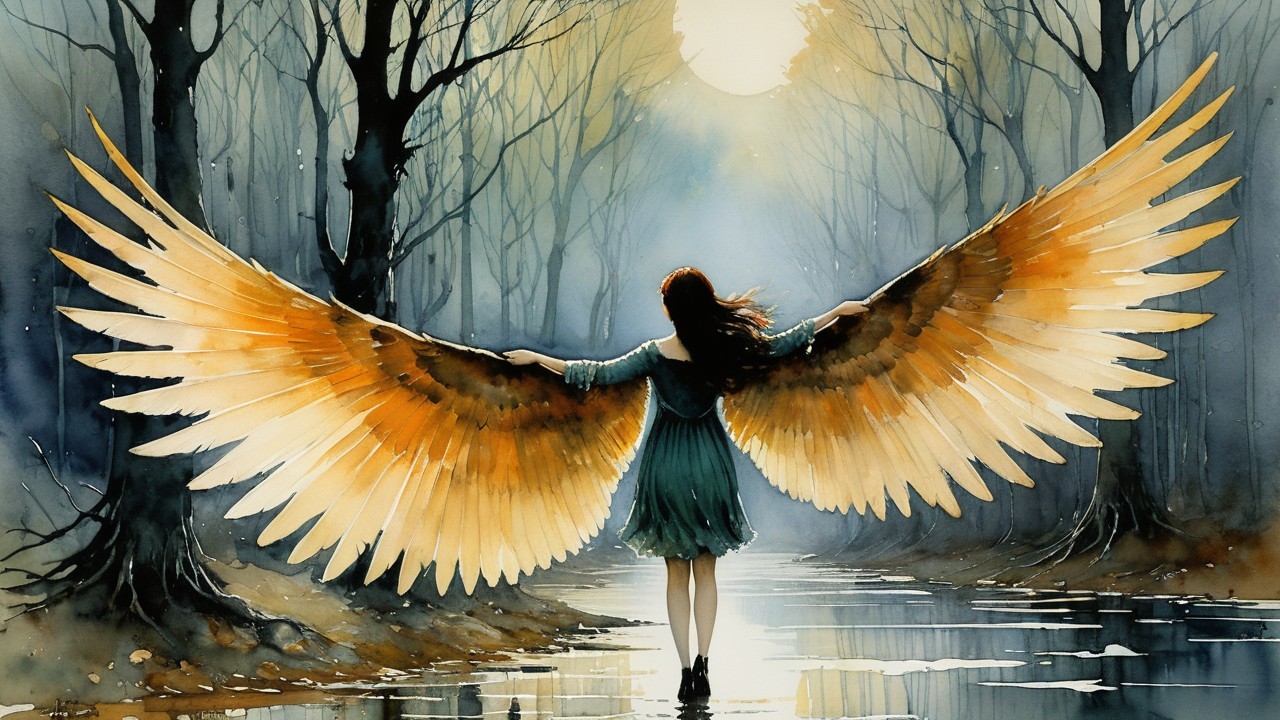 Woman with Wing-Like Arms by Reflective Water