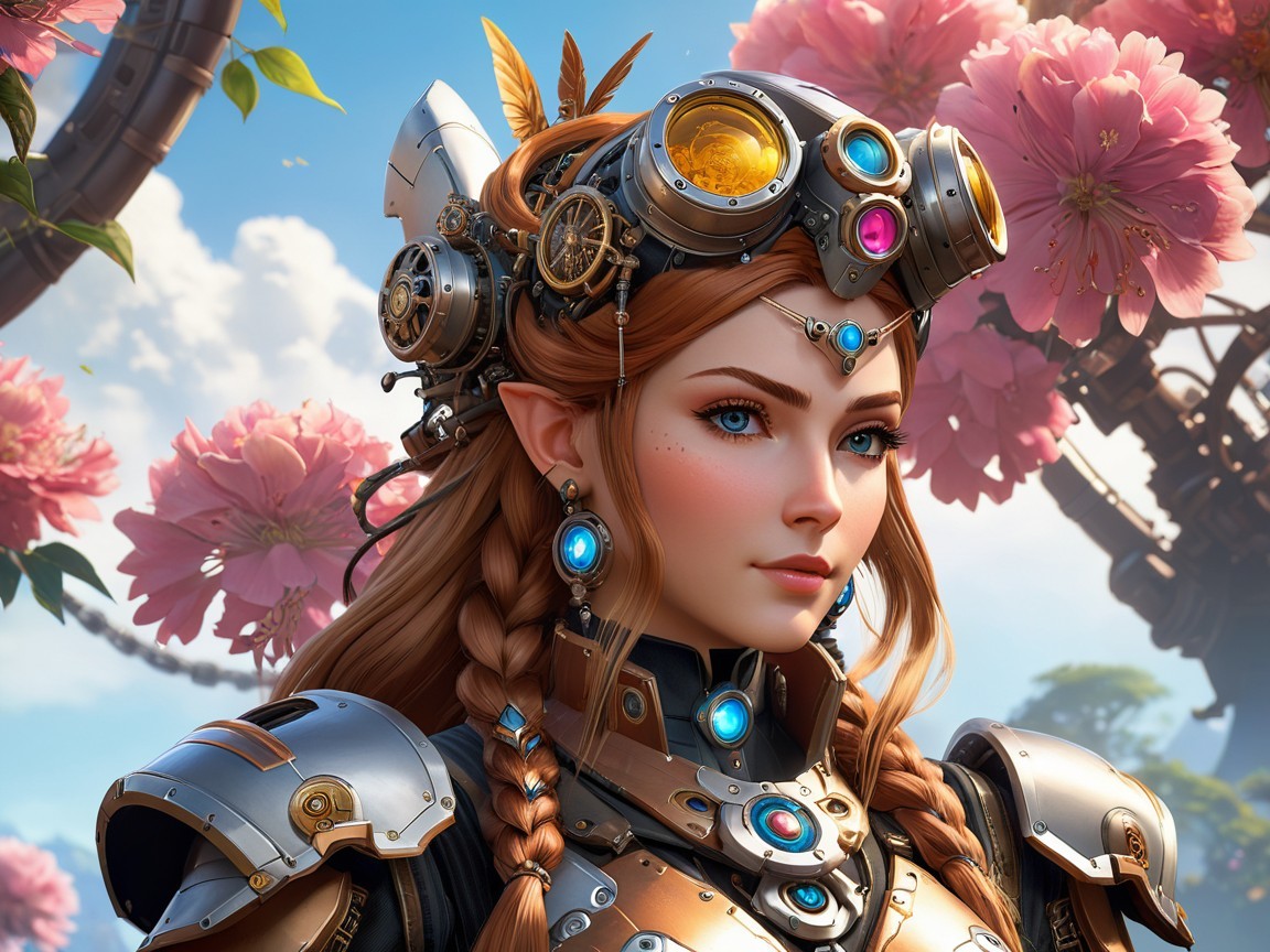 Steampunk Female Character with Braided Hair and Flowers