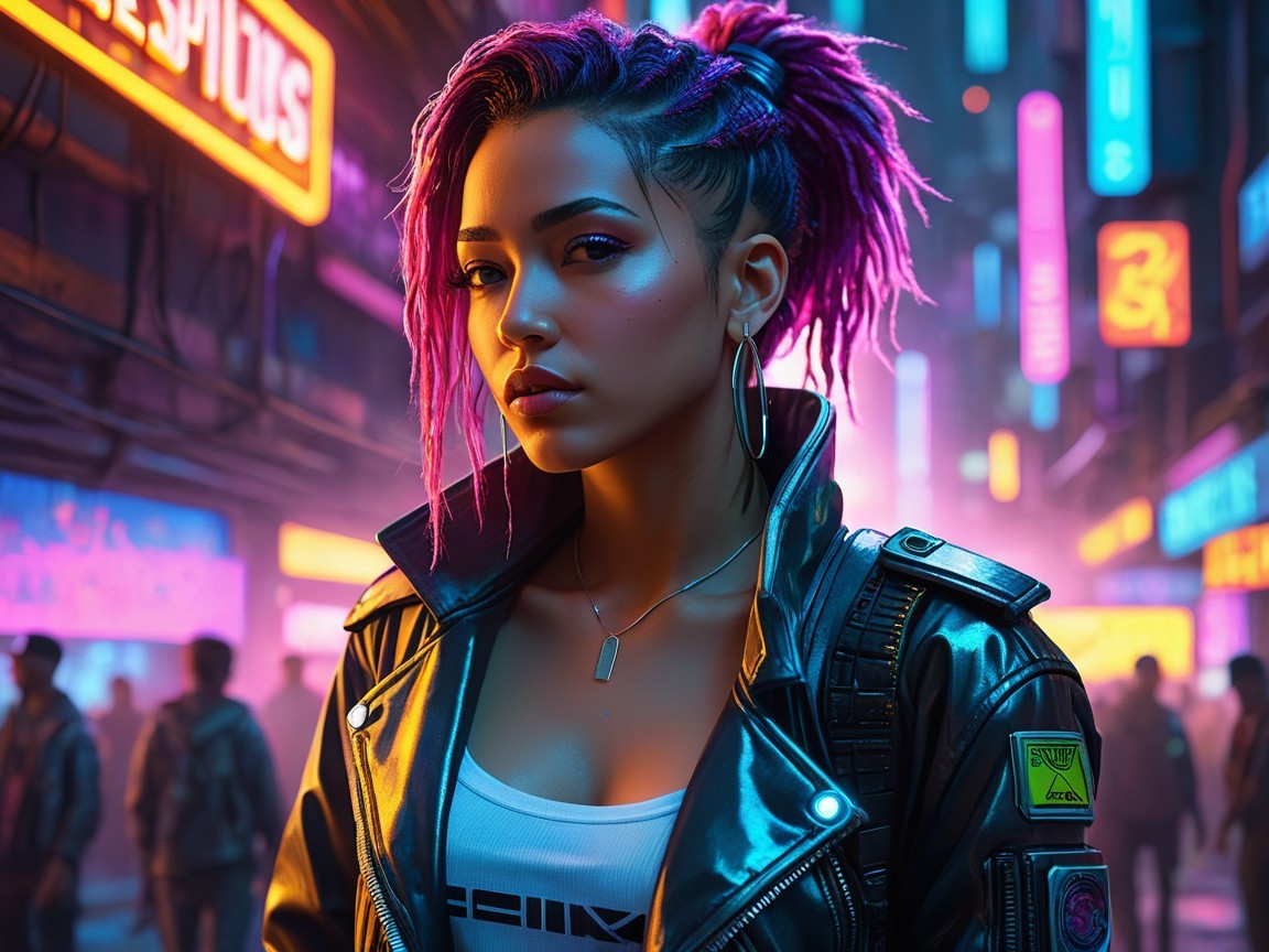 Young Woman in Neon-Lit Urban Alley with Dreadlocks