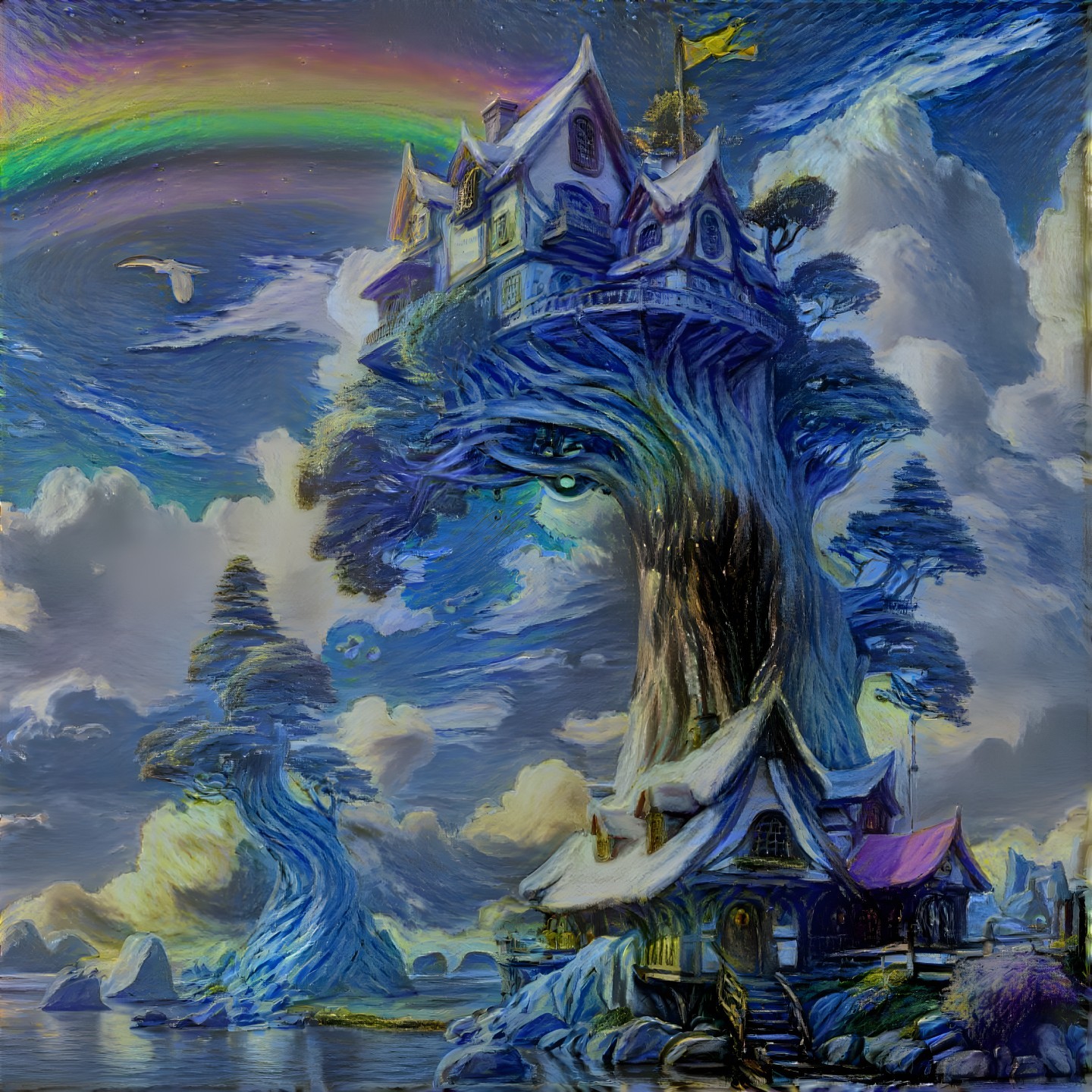 Whimsical House in a Tree Under a Vibrant Rainbow