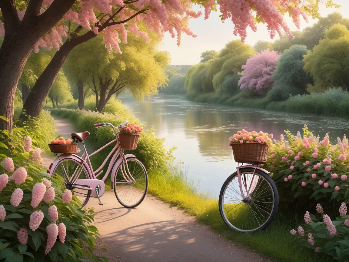 Tranquil River Scene with Lush Greenery and Bicycle
