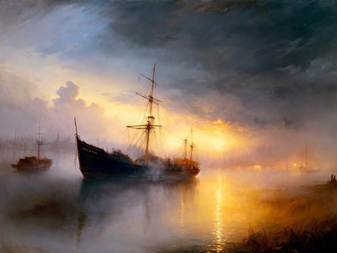 Serene Seascape at Dusk with Sailing Ship and Mist