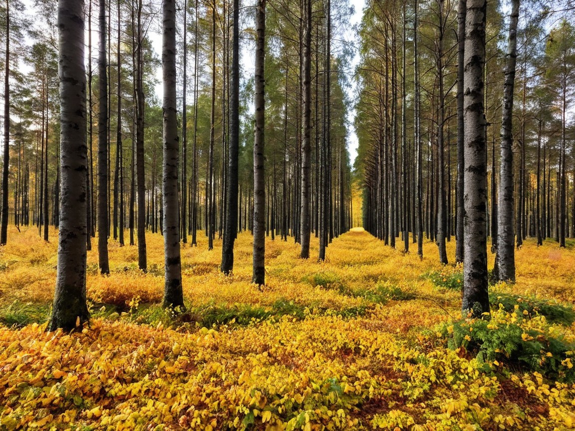 Serene forest scene with autumn leaves and soft light
