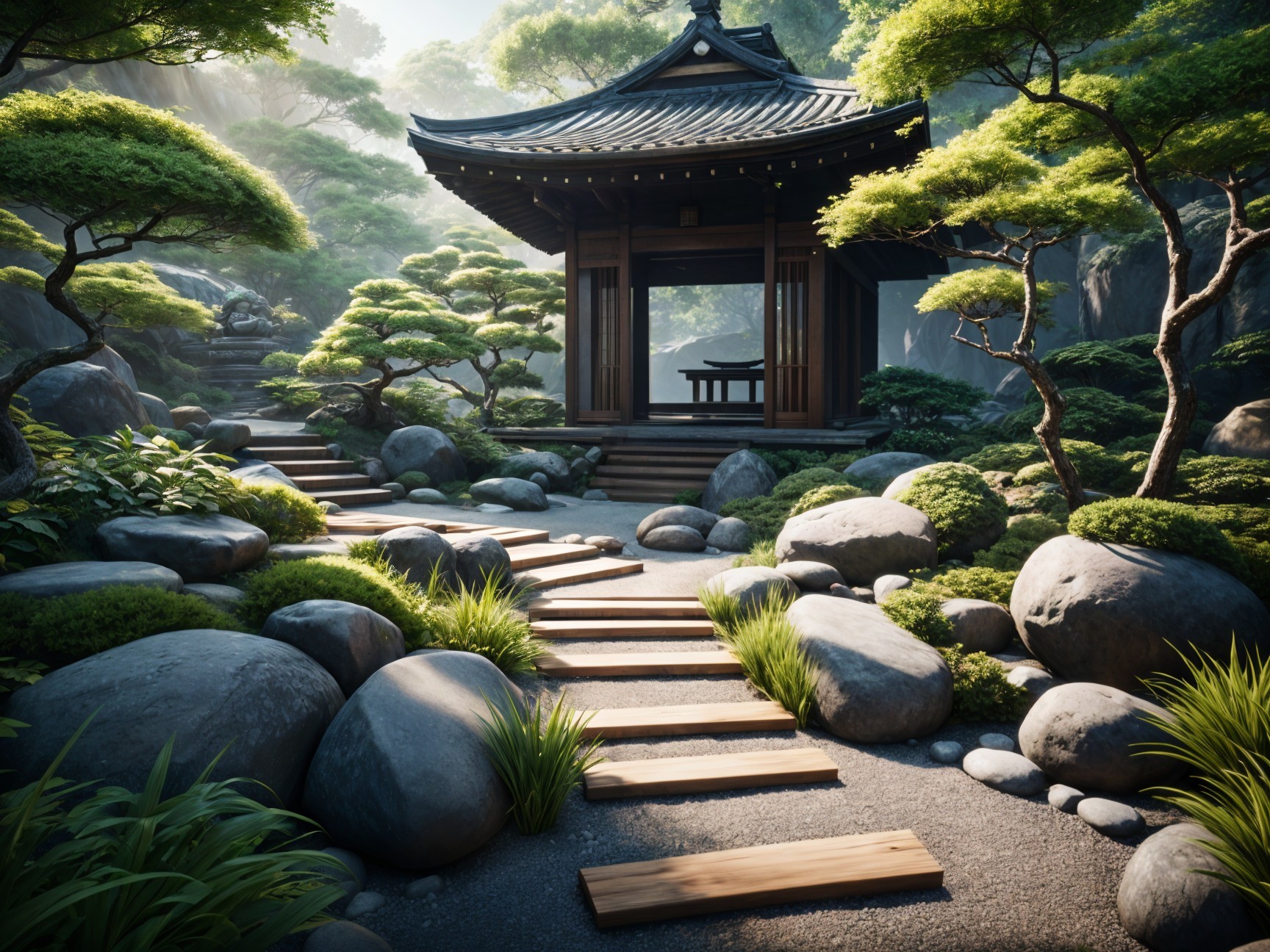 Serene Garden Pathway with Traditional Asian Gazebo