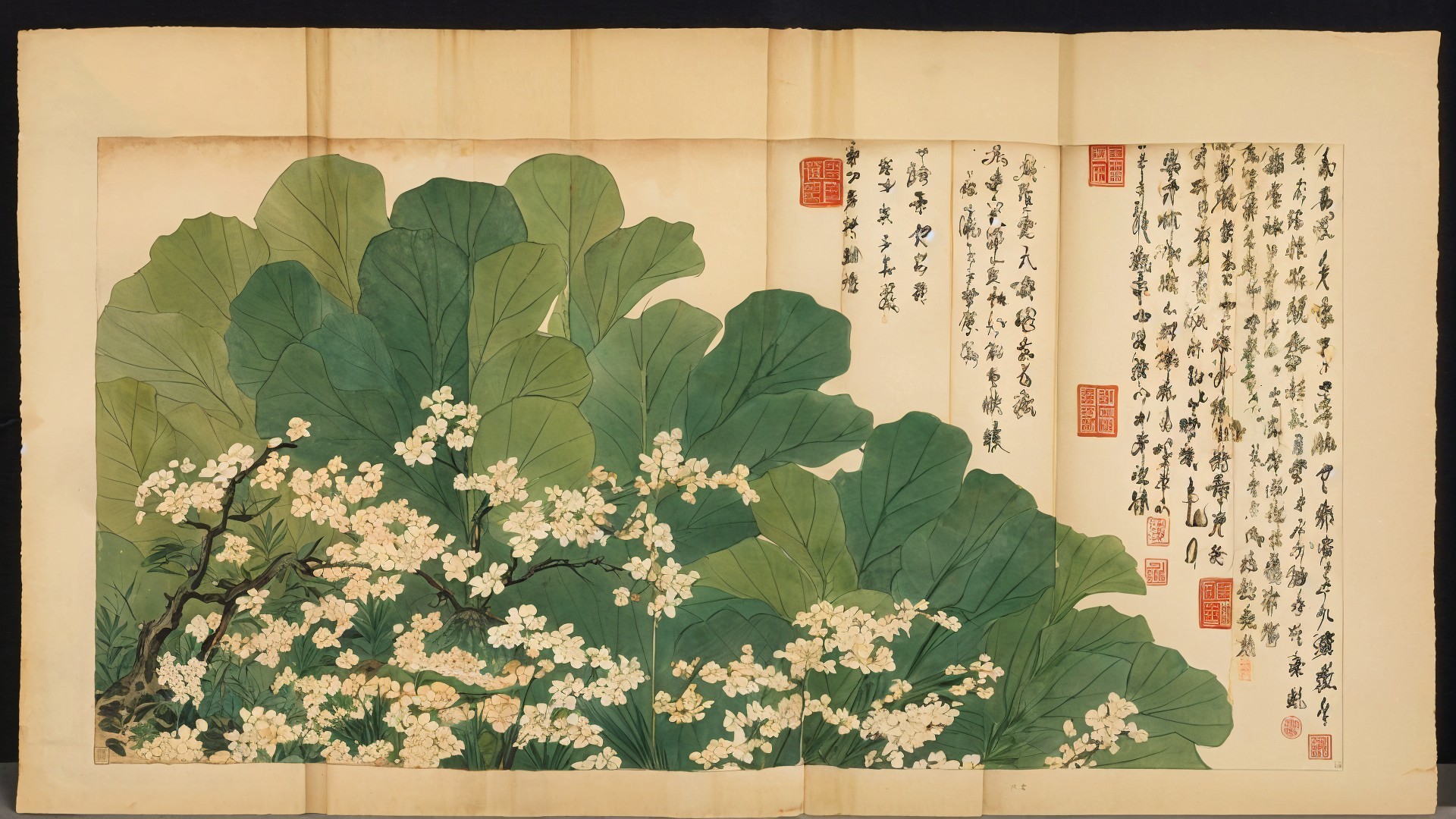 Colorful Illustration of Leaves and White Flowers