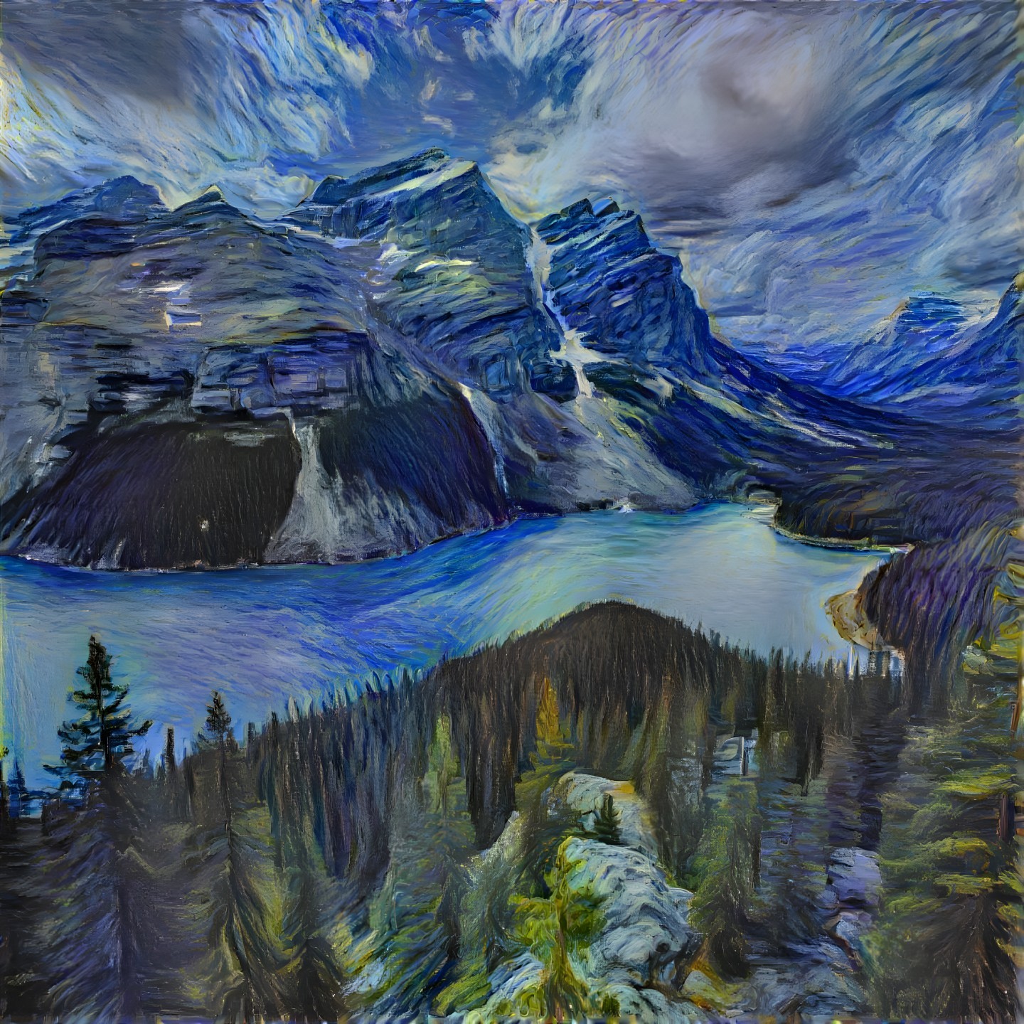 Rugged Mountains and Turquoise Lake in Impressionistic Style