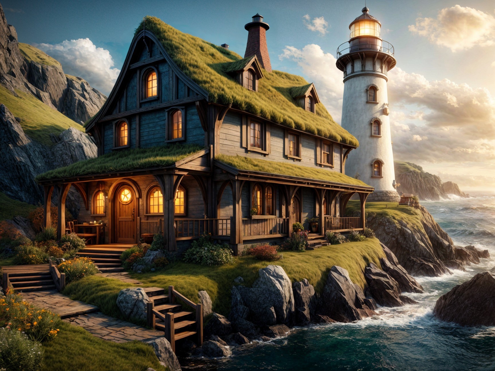 Coastal Scene with Whimsical House and Lighthouse