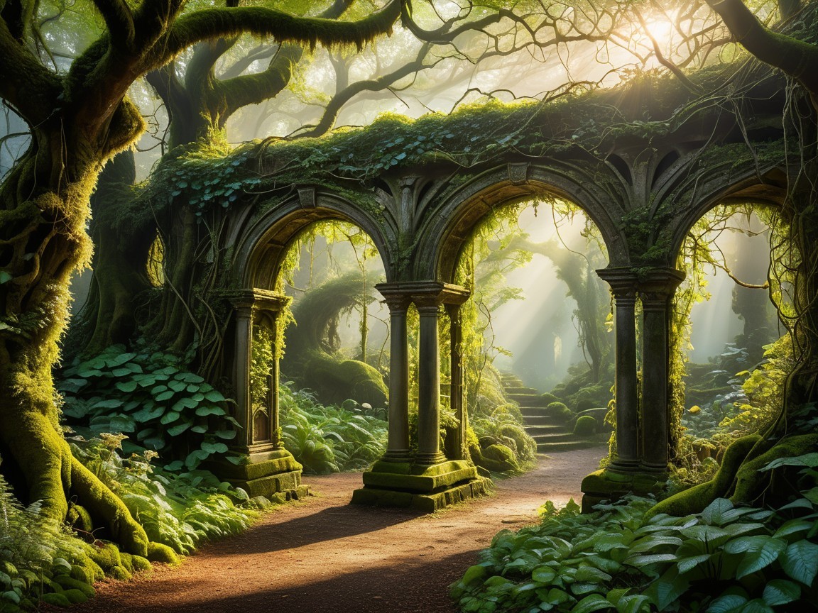 Mystical Forest with Ancient Stone Arches and Sunlight