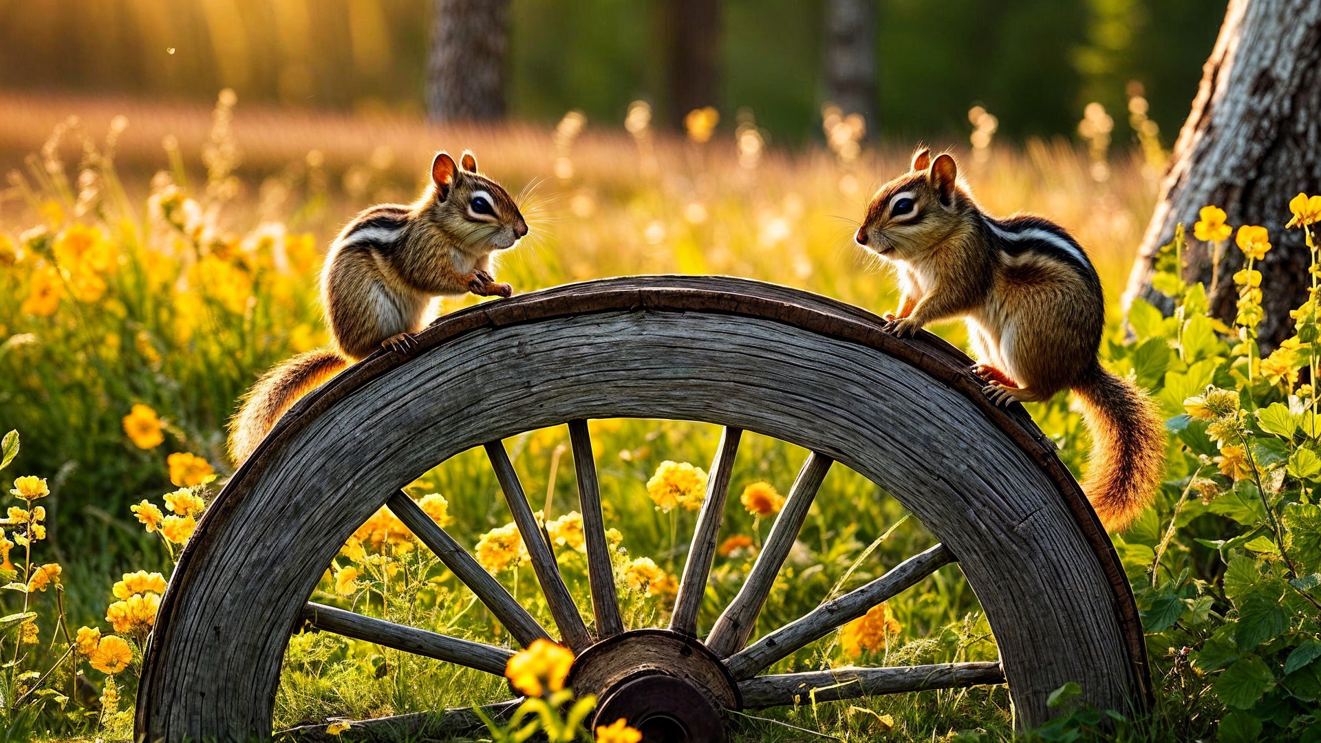 Chipmunks on Rustic Wheel in Sunlit Meadow