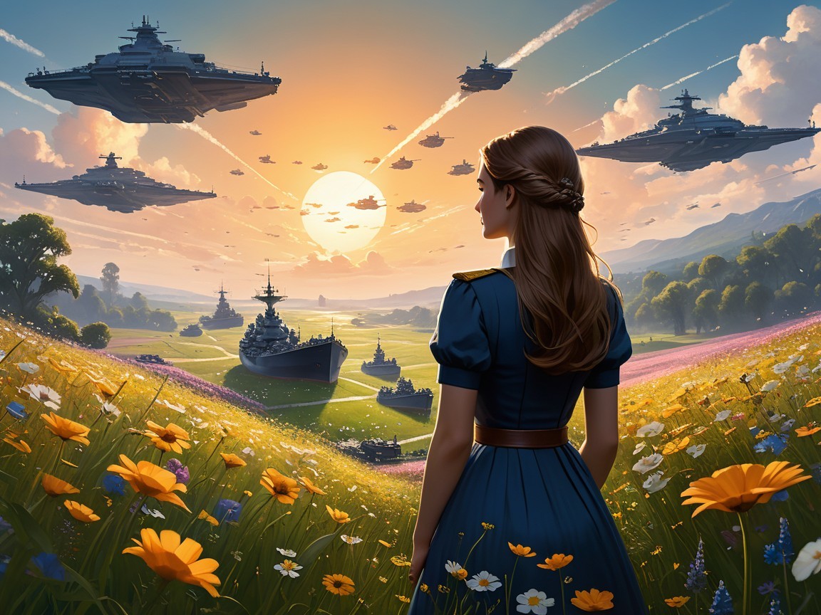 Young Woman in Blue Dress Amidst Futuristic Landscape
