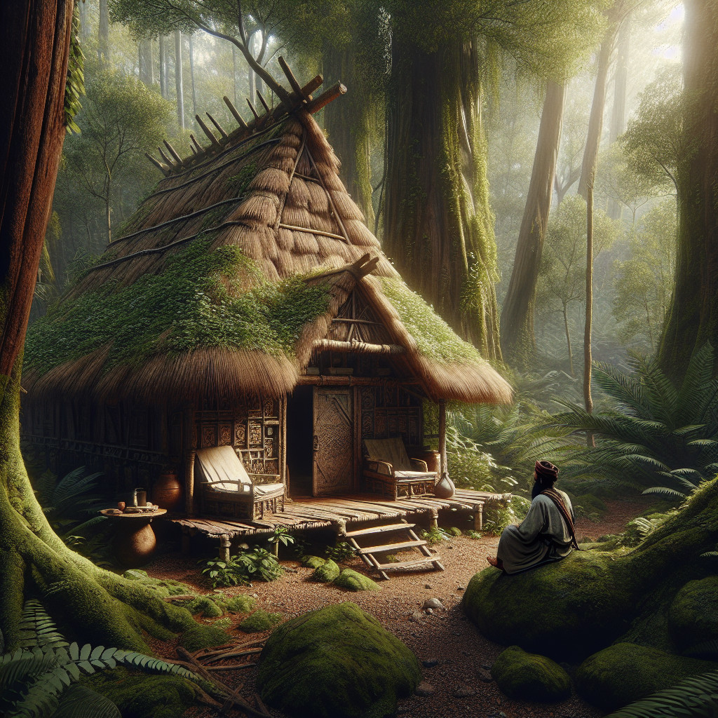 Wooden hut in a vibrant forest with tranquil surroundings