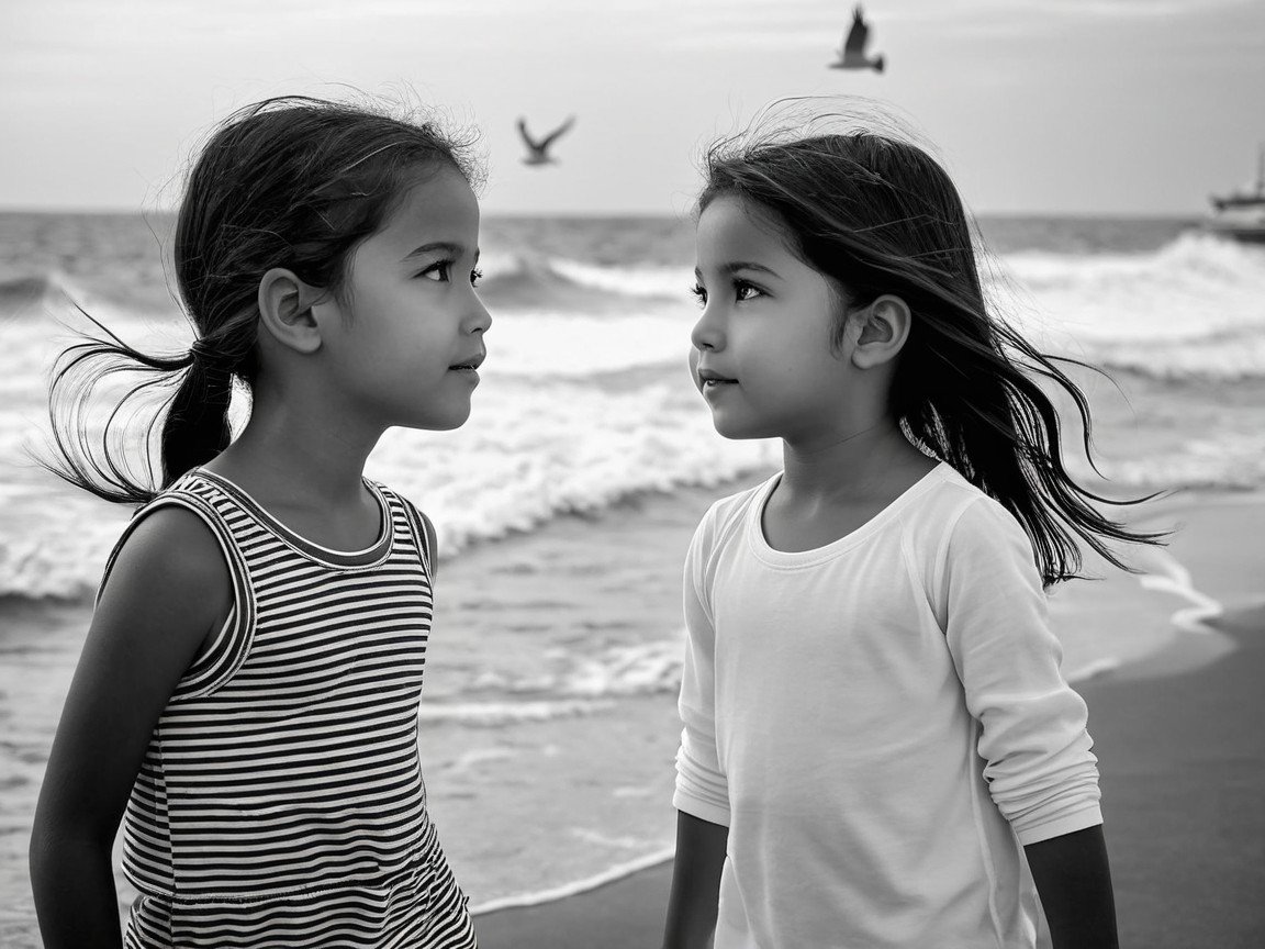 Young girls on a beach in black and white photography