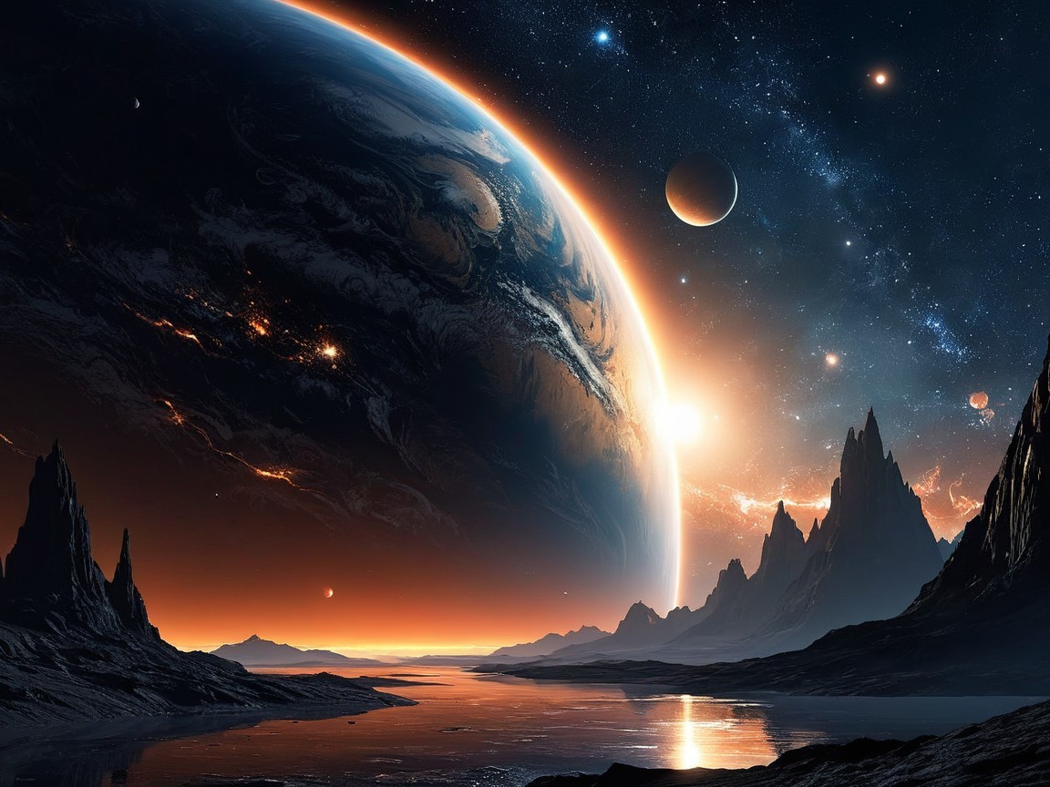 Vibrant Cosmic Landscape with Mountains and Water Reflection