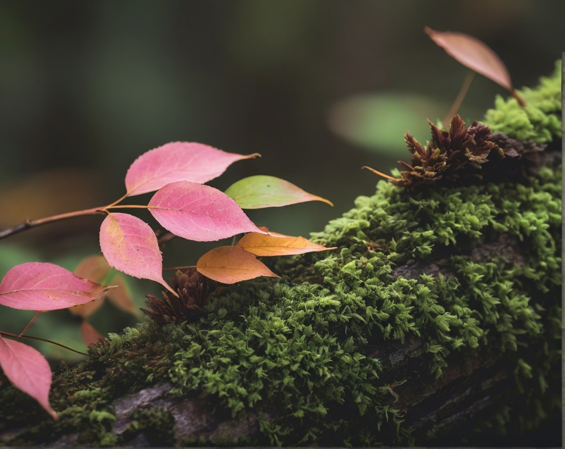 Close-Up of Pink and Green Leaves on Mossy Log