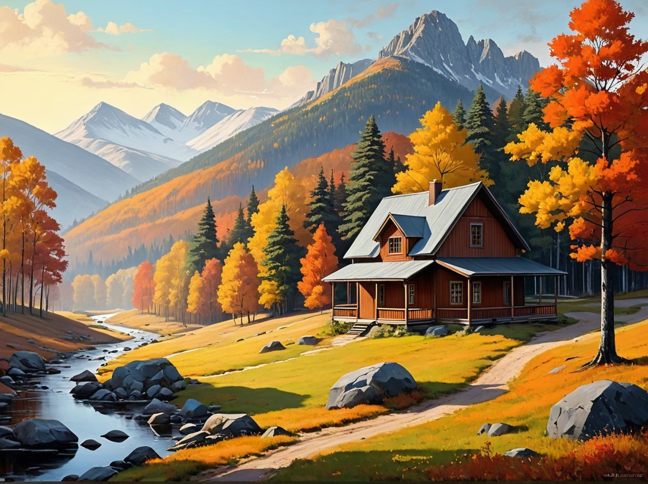 Autumn Landscape with Cabin and Winding Stream