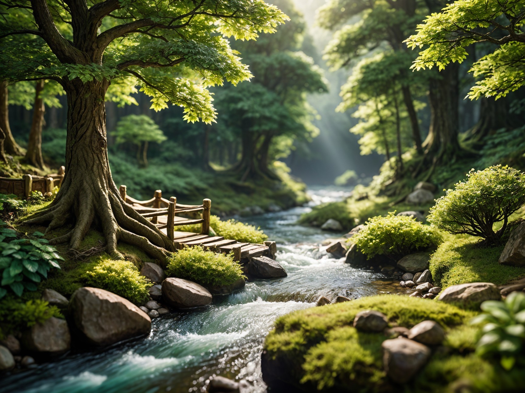 Serene Forest Scene with Stream and Wooden Bridge