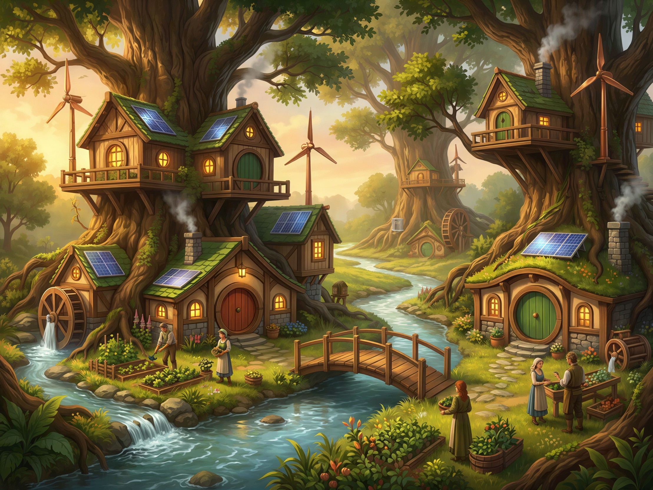 Whimsical village among ancient trees with treehouses