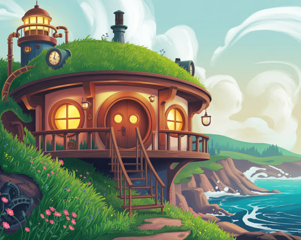 Whimsical Round Cottage on Rocky Coastline with Flowers